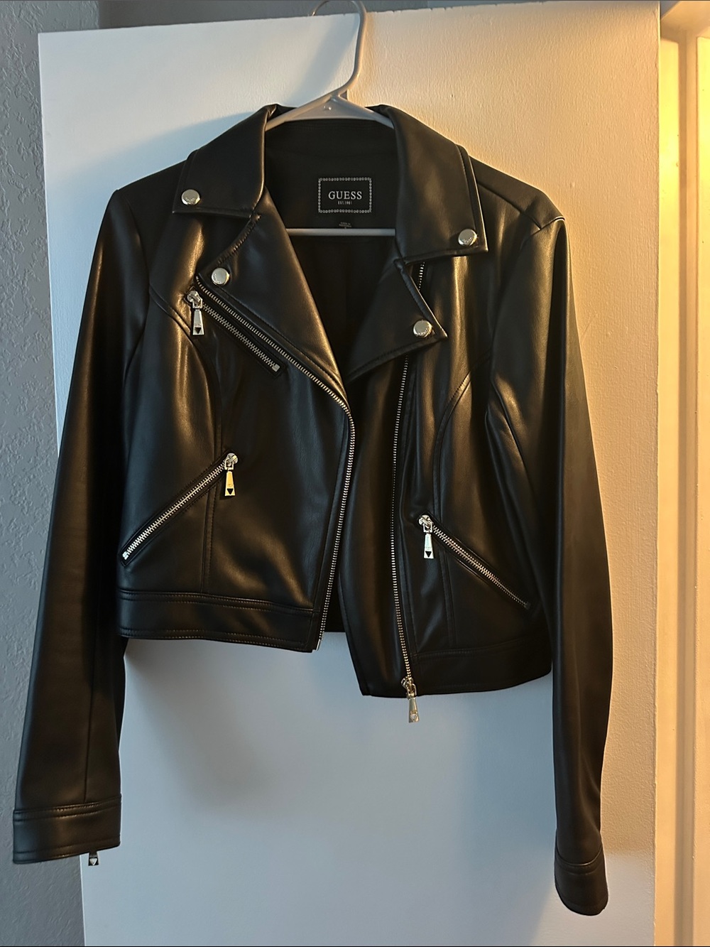 GUESS Black Faux Leather Moto Jacket with Silver Zippers
